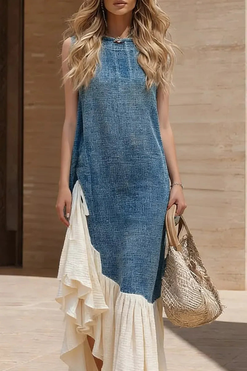 Women's Casual Sleeveless Denim Contrast Ruffle Asymmetrical Maxi Dress