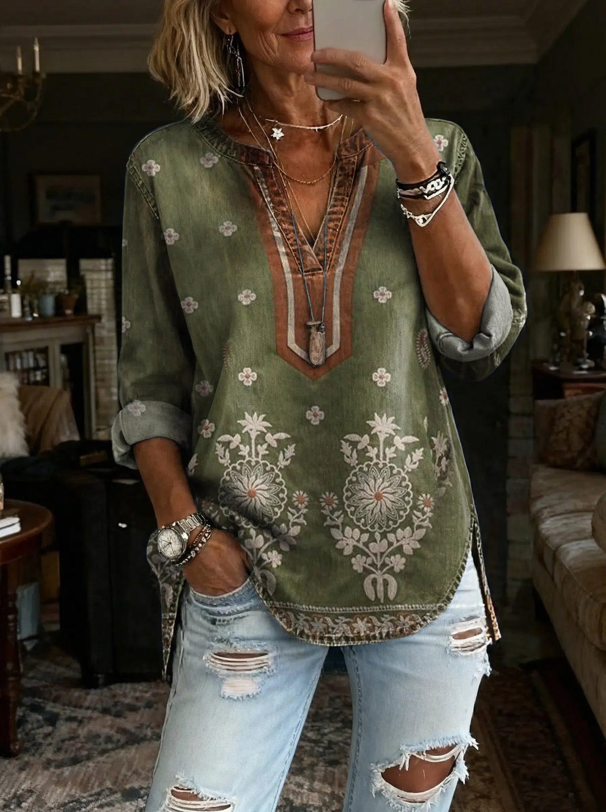Women's Bohemian Ethnic Tattoo Floral Art Print Casual V-Neck Washed Cotton Denim Top