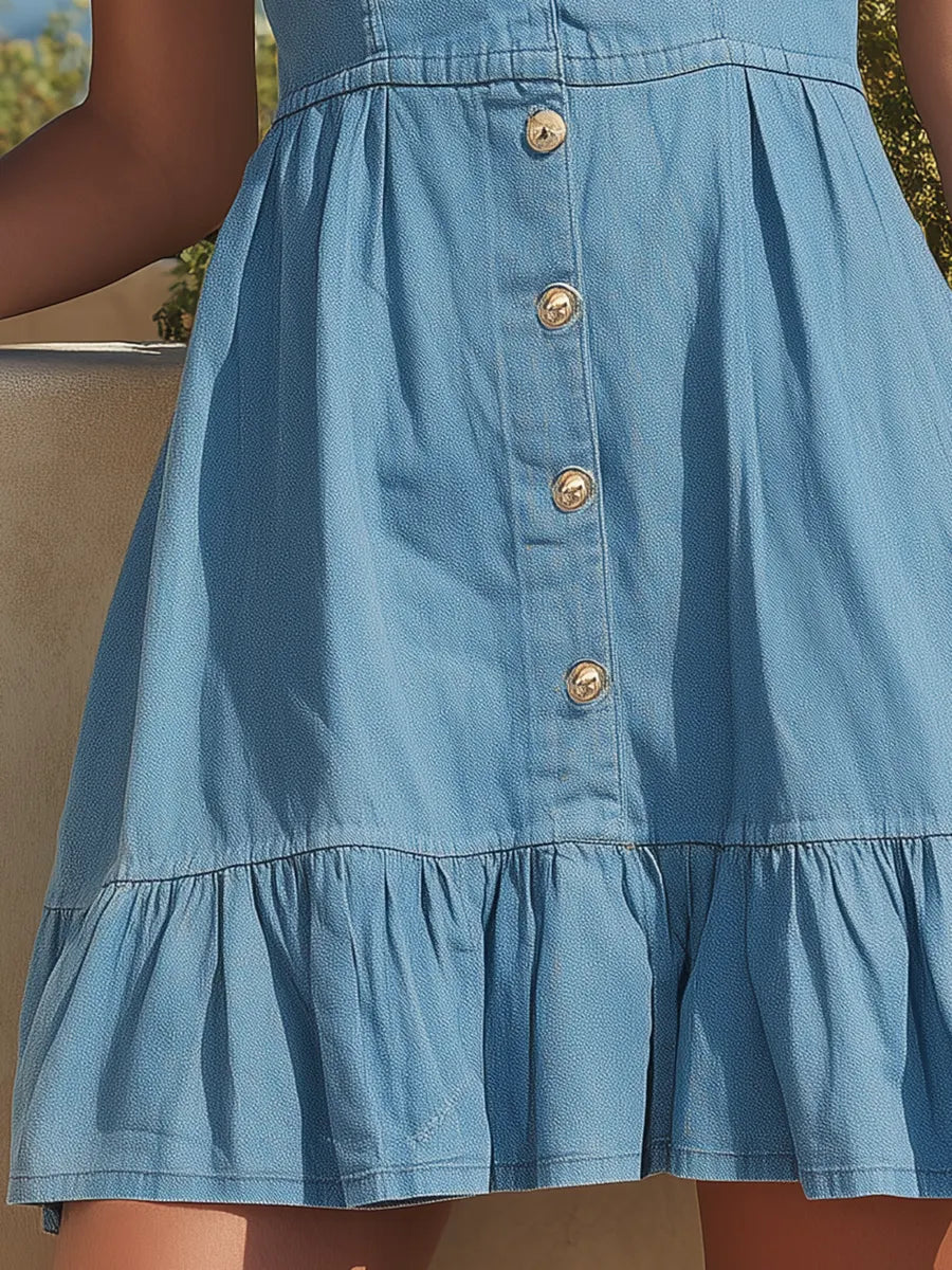 Vacation-Style Blue Denim Sleeveless Button-Down Mini Dress