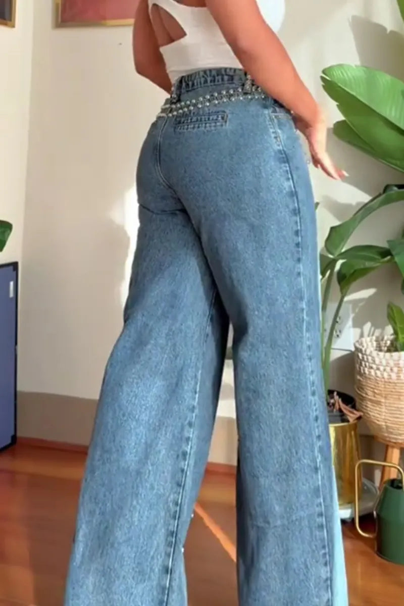 Women's Relaxed Fit Studded Wide Leg Jeans
