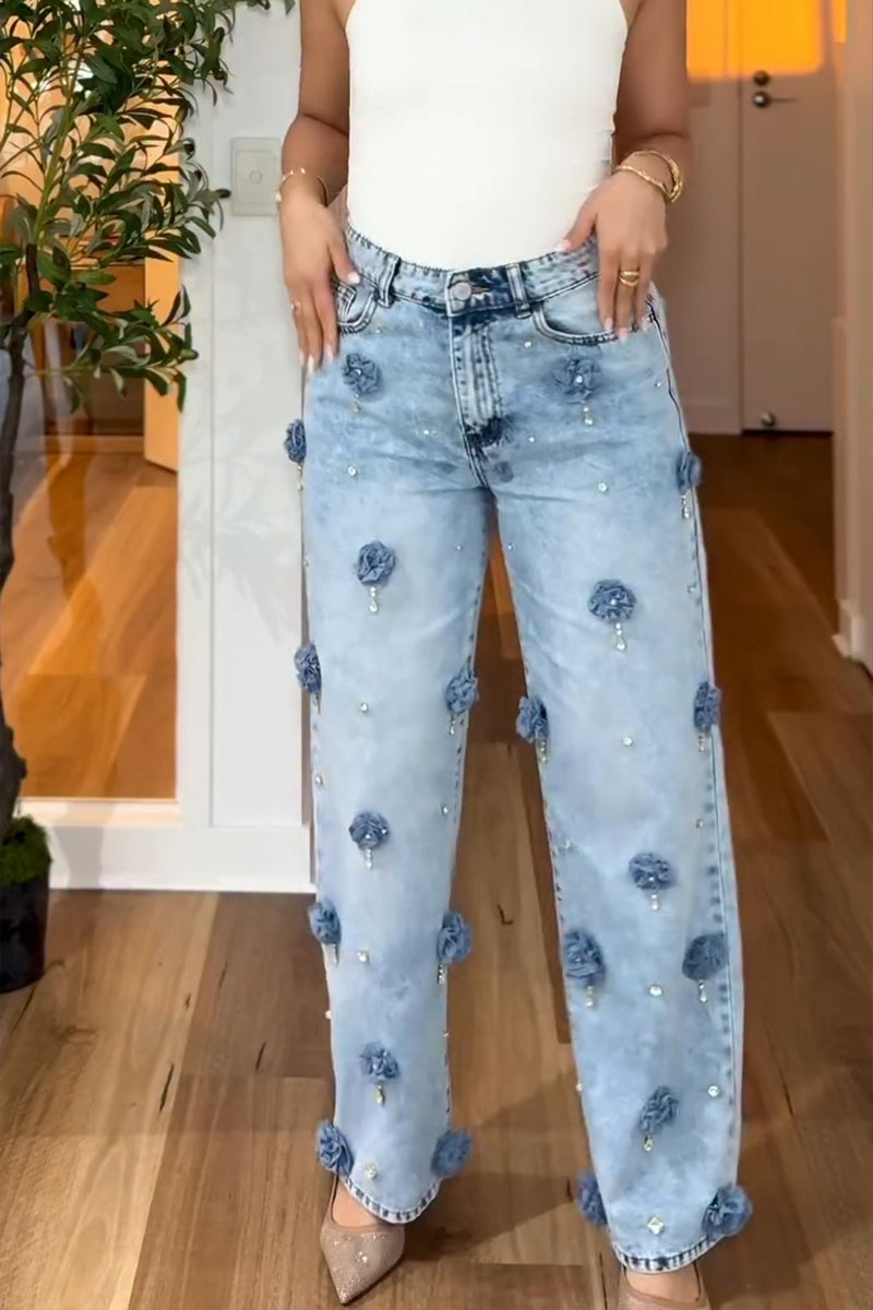 Women's Casual Flower Rhinestone Decoration Straight Jeans