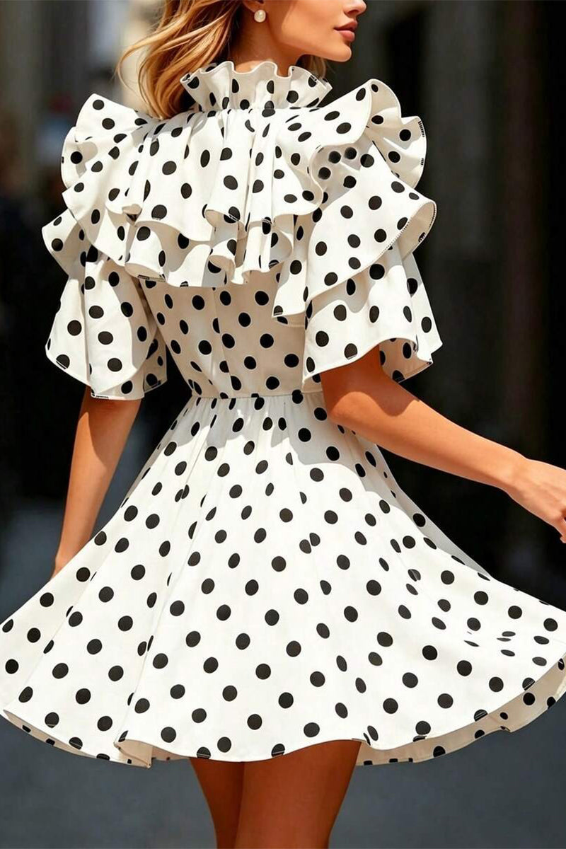 Women's V-neck Waist Cinched Patchwork Polka Dot Print Elegant Temperament Dress