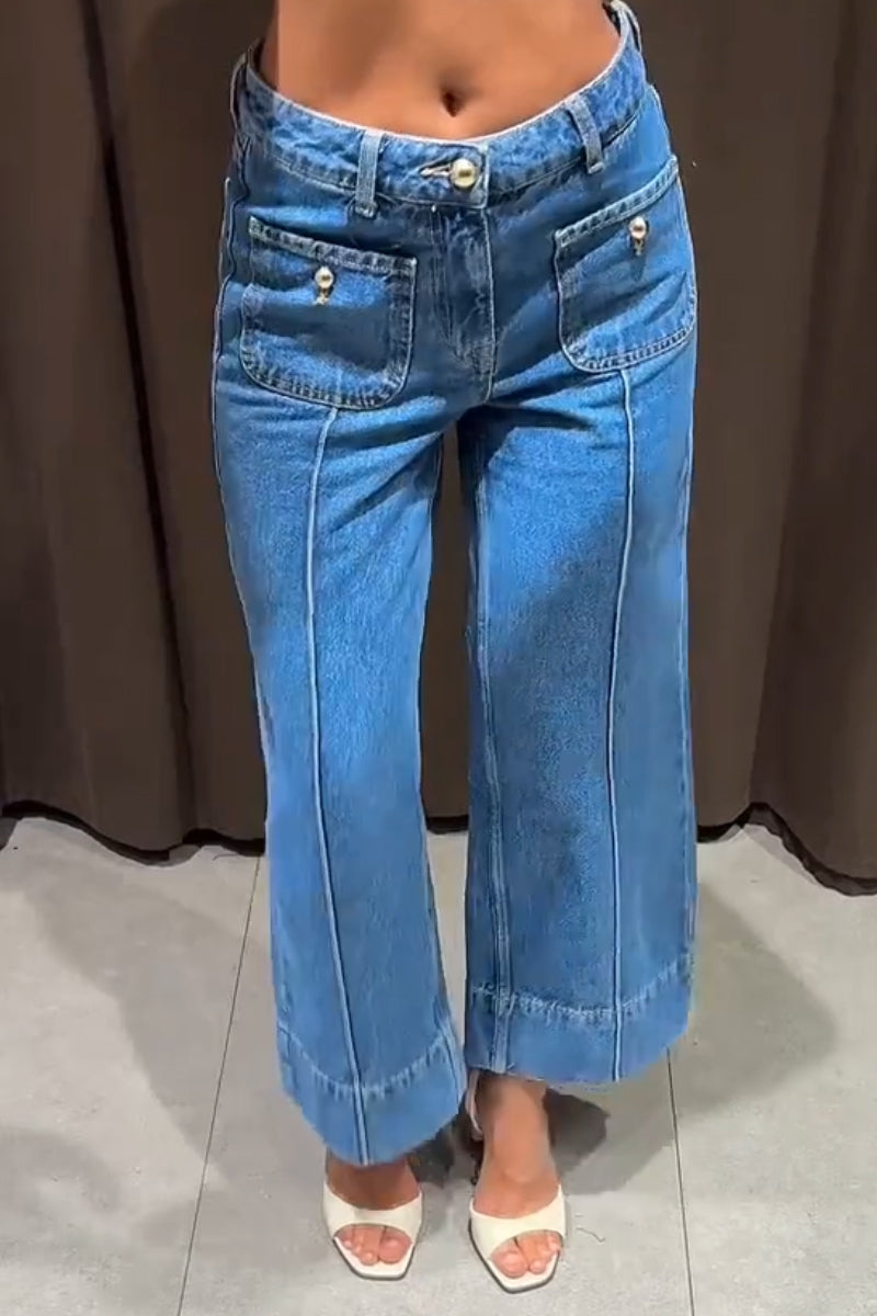 Women's Patchwork Pocket Casual Wide Leg Jeans