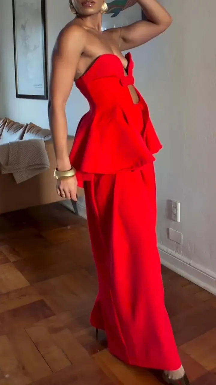 Women Strapless Hollow Top + Wide Leg Pants Solid Color Sexy Casual Suit