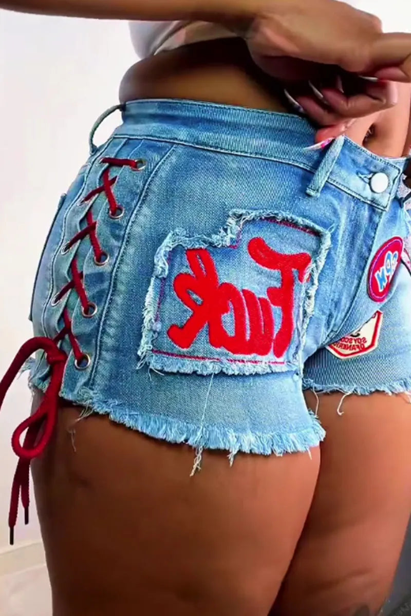 Women's Street Style Printed Lace Up Cutout Denim Shorts