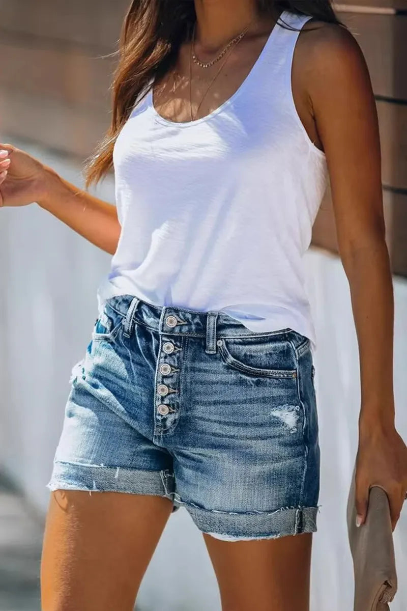 Women's Casual Button Front Ripped Rolled Hem Denim Shorts