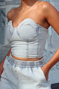 Women's Casual Strapless Fitted Denim Top Or Wide Leg Jeans