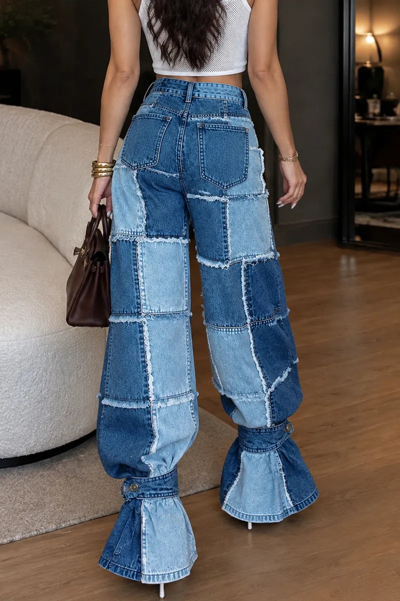 Women's Vintage High Waist Patchwork Frayed Wide Leg Blue Jeans