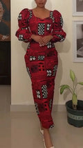 Women Square Neck Long Sleeved Waist Cinched Print Elegant Temperament Dress