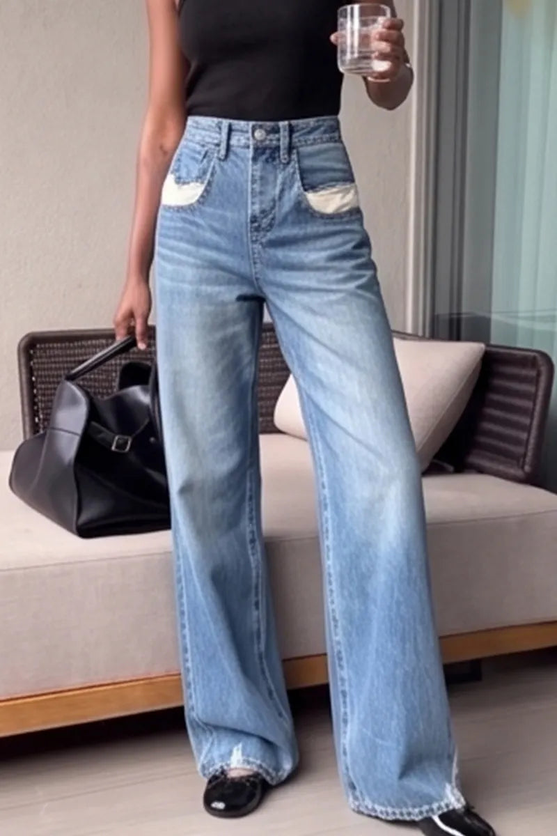 Women's Casual Wide Leg Jeans With Pocket Paneling