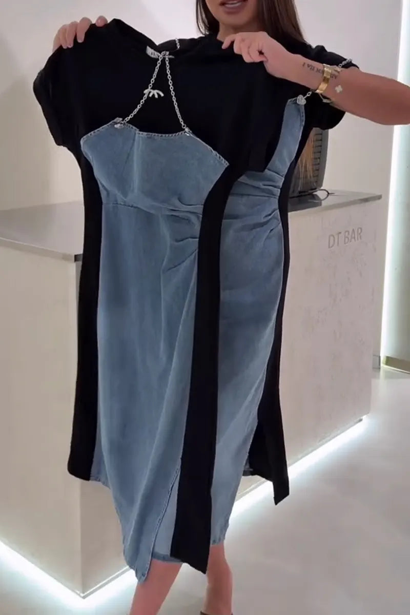 Women Round Neck Patchwork Denim Elegant Casual Dress