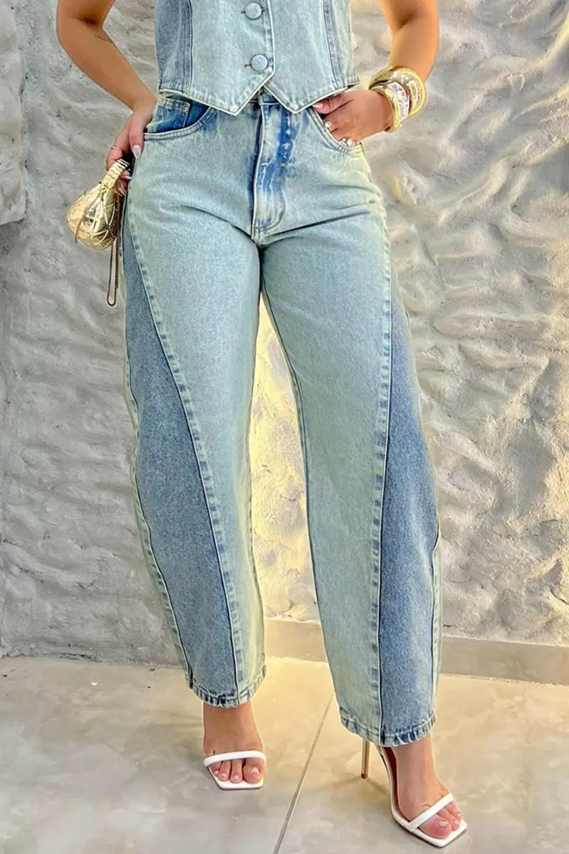 Women's Casual Color Block Denim Vest or Curved Jeans