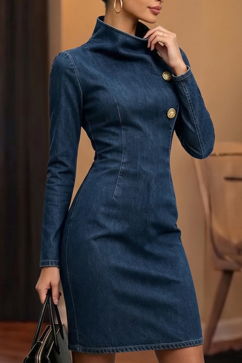 Women's Fashion Asymmetric Neckline Slim Denim Mini Dress