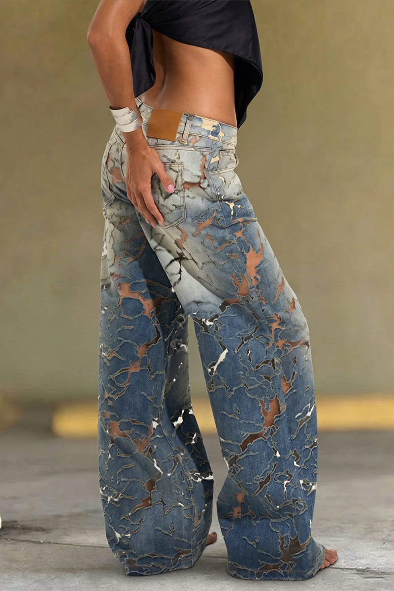 Women's Fashion Textured Wash Design Wide Leg Jeans