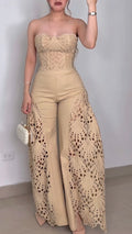 Beige Lace Cutout Strapless Corset & Wide-Leg Pants Set