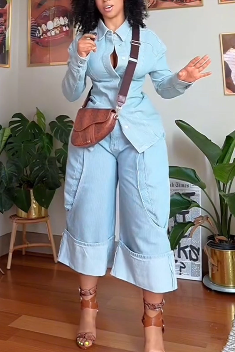 Women's Collar Vertical Striped Denim Shirt or Patchwork Jeans