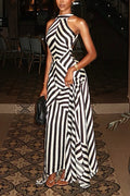 Women's Elegant Stripe Patchwork Backless Maxi Dress