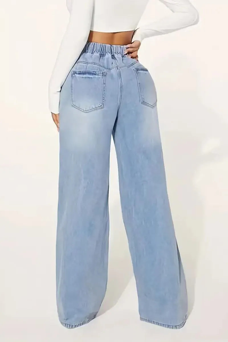 Waisted Drawstring Wide Leg Denim Jeans