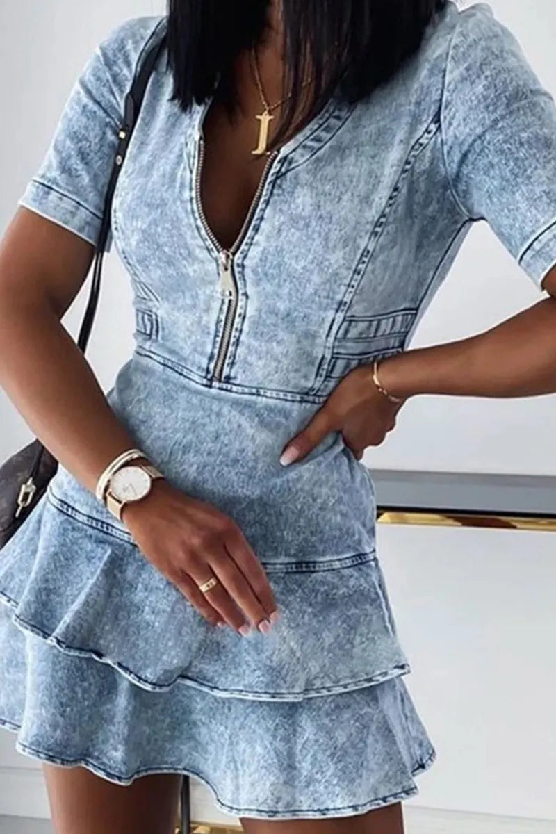 Ladies Casual V-Neck Short Sleeve Denim Mini Dress