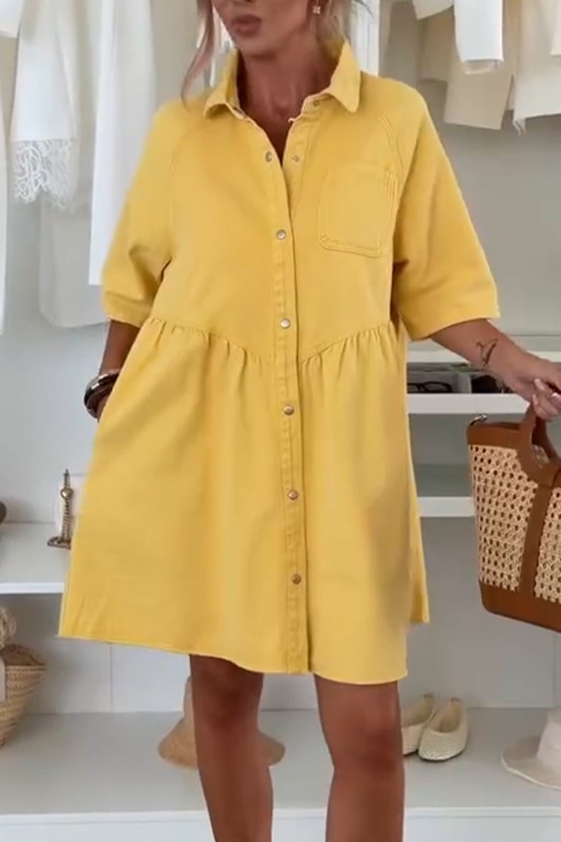 Women's Collar Patchwork Buckle Casual Denim Dress