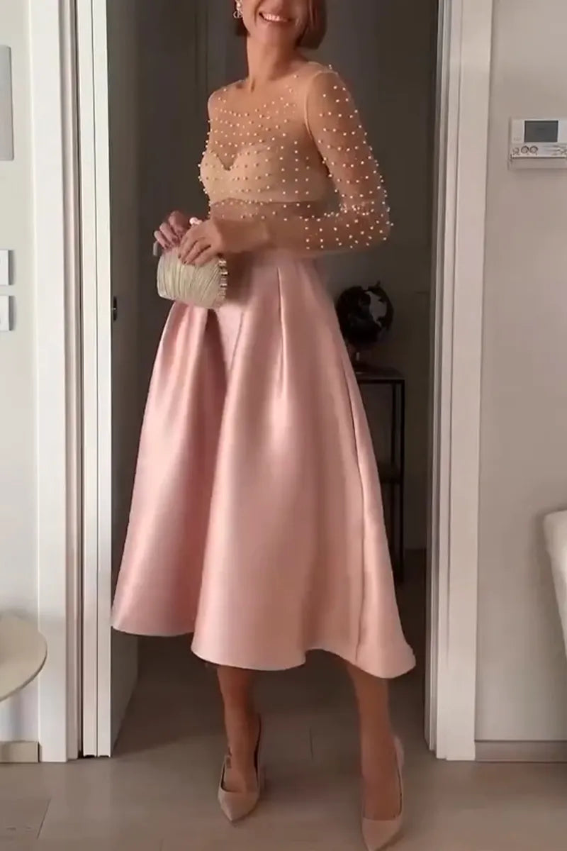 Women's Elegant Casual U-neck Nail Bead See Through Top or Satin Skirt
