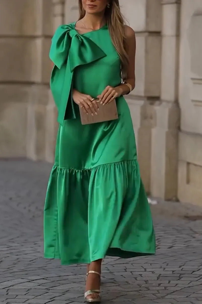 Women's Round Neck Bow Patchwork Solid Color Elegant Temperament Dress