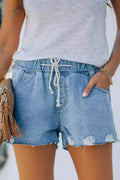 Women's Casual Elastic Waist Ripped Denim Shorts