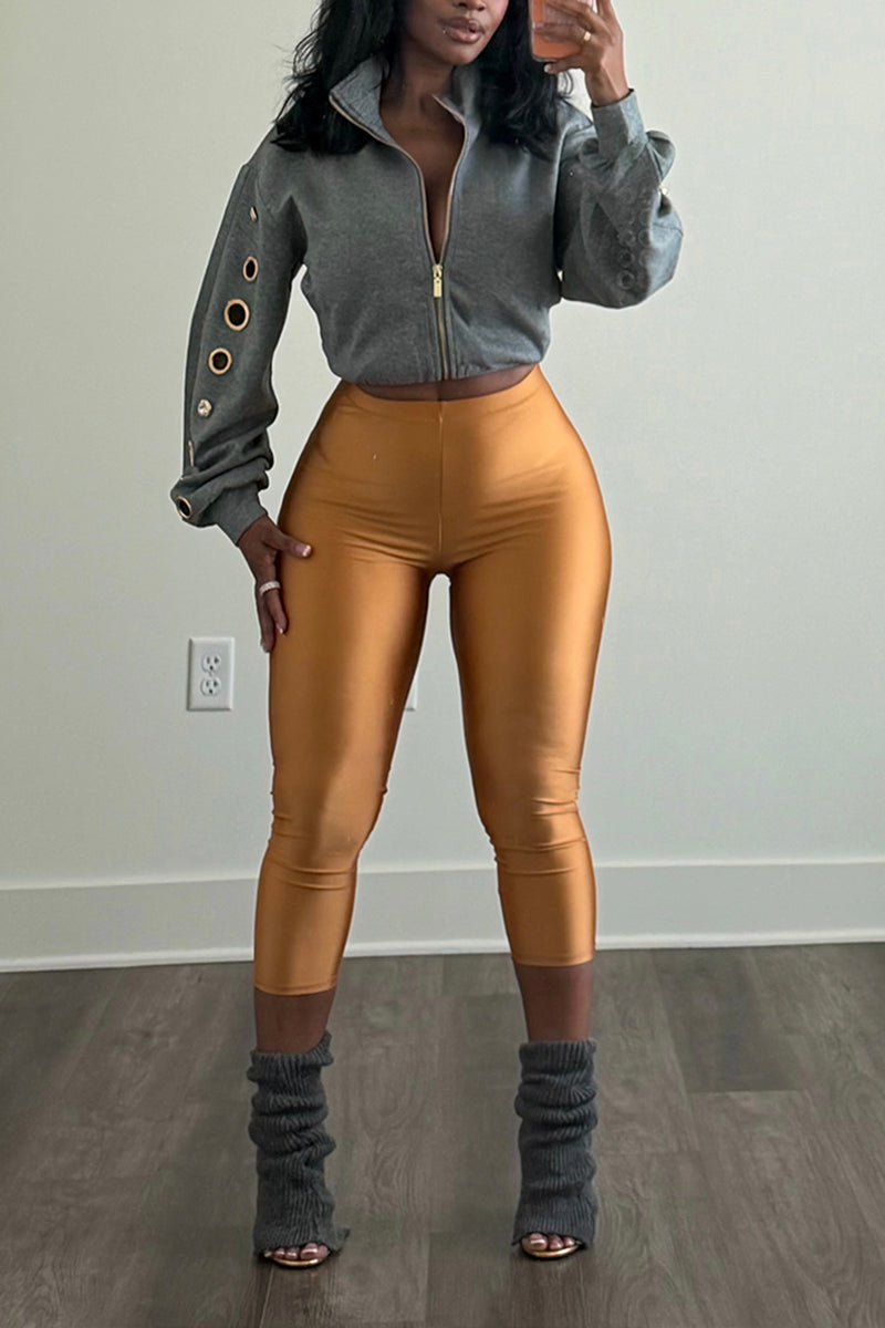 Women's Casual Metal Cut-Out Decoration Jacket or Pants