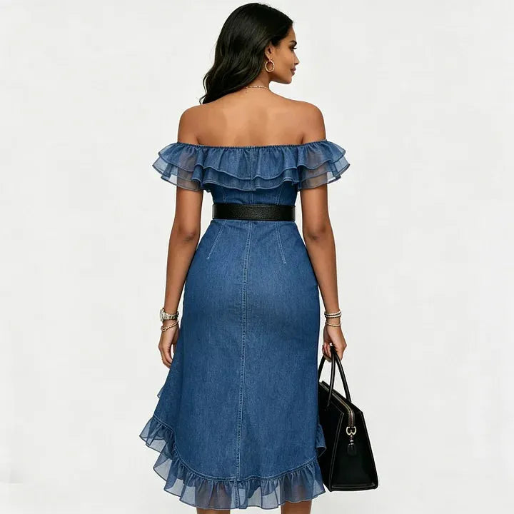 Women's Off-shoulder Denim Dress With Mesh Ruffles