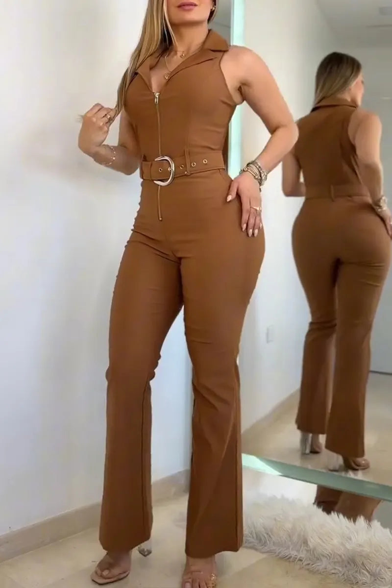 Women's Casual Lapel Zipper Jumpsuit with Belt