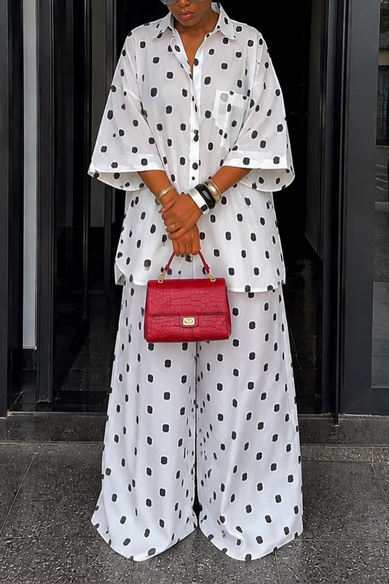 Women's Casual Loose Polka Dot Shirt Wide Leg Pants Two-Piece Set