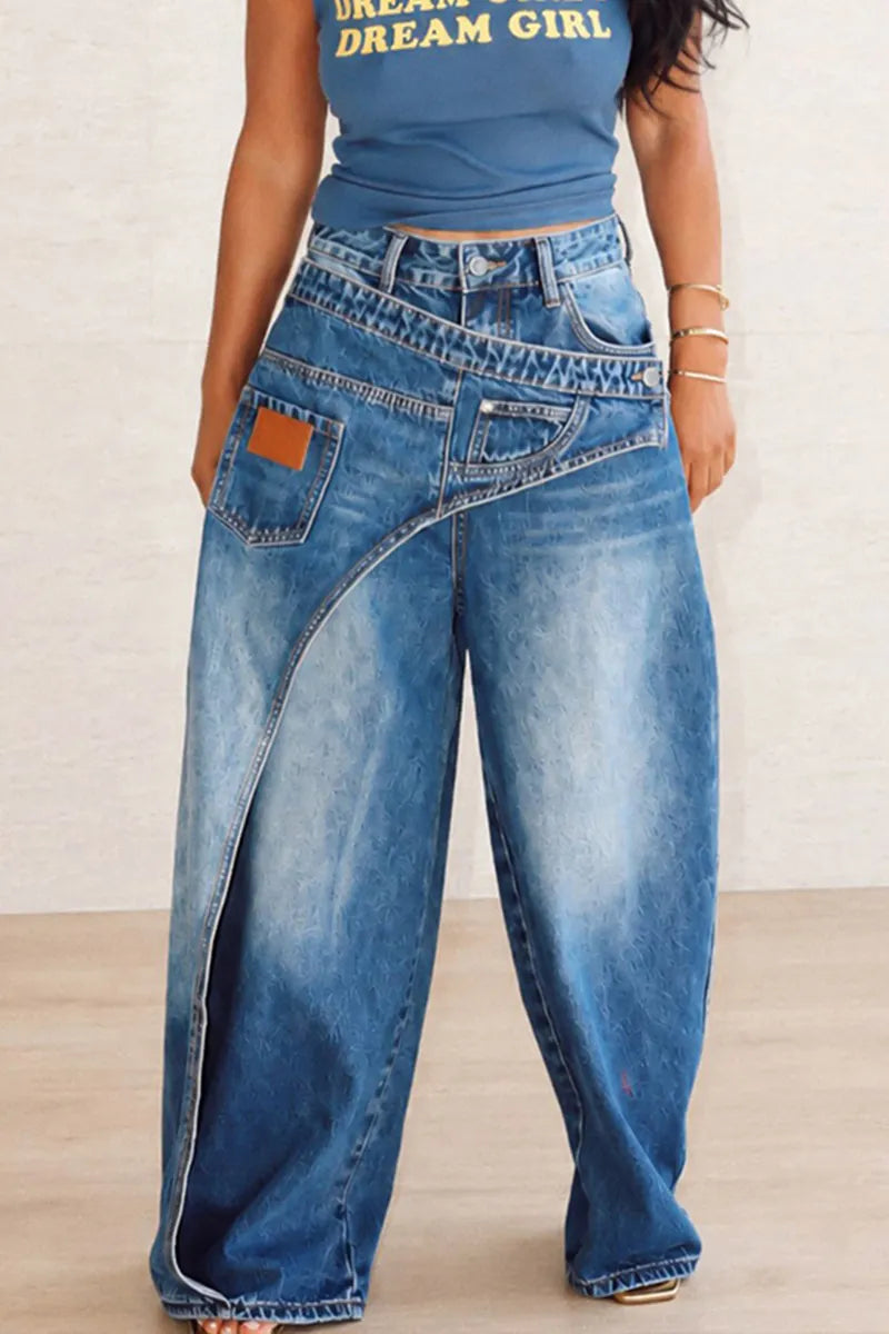 Women's Casual Faux Two-Piece Overlap Wide Leg Jeans