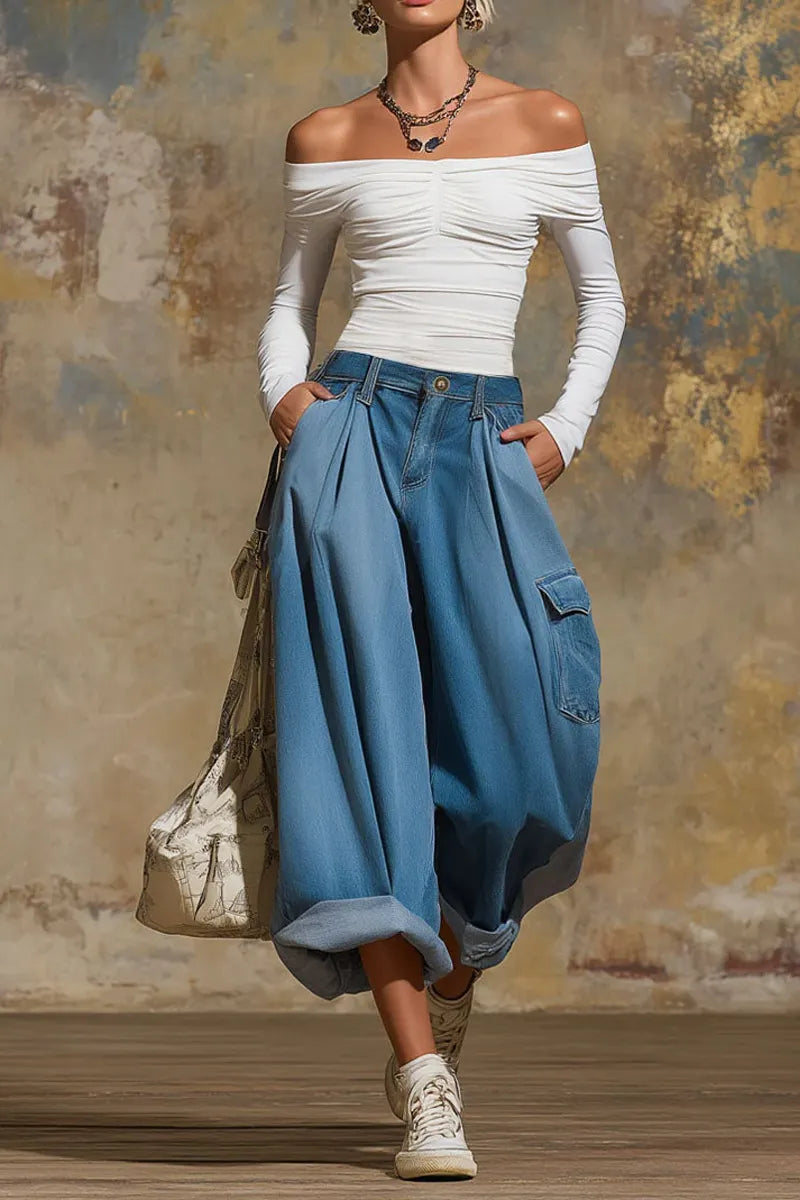 Ladies' Casual Retro Multi Pocket Wide Leg Jeans