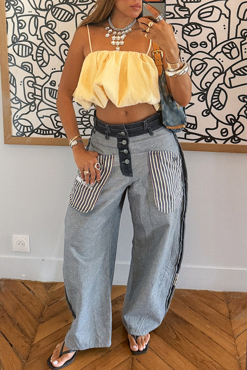 Women's Fashion Color Block Design Wide Leg Jeans