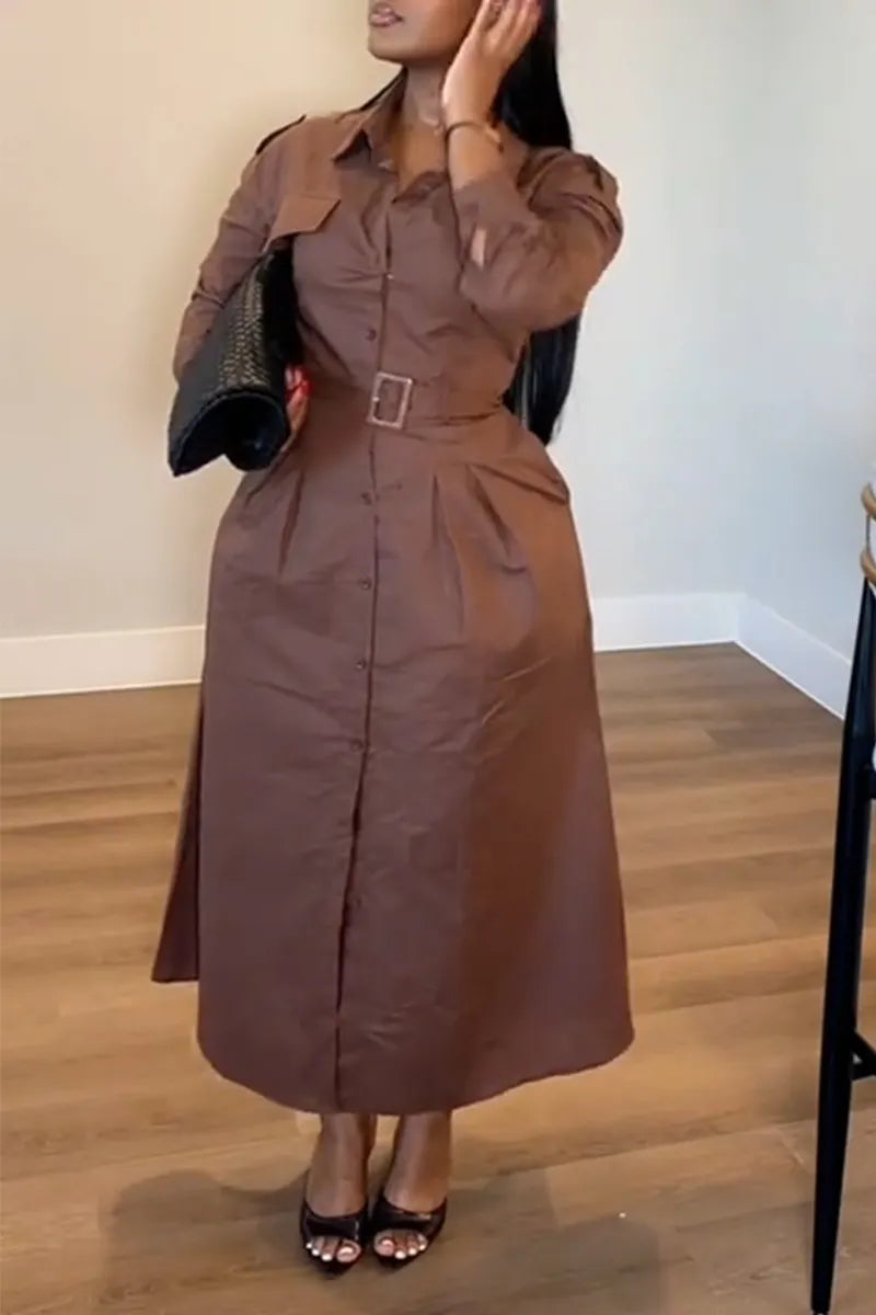 Women Lapel Buckle Waist Cinching Temperament Commuting Formal Dress