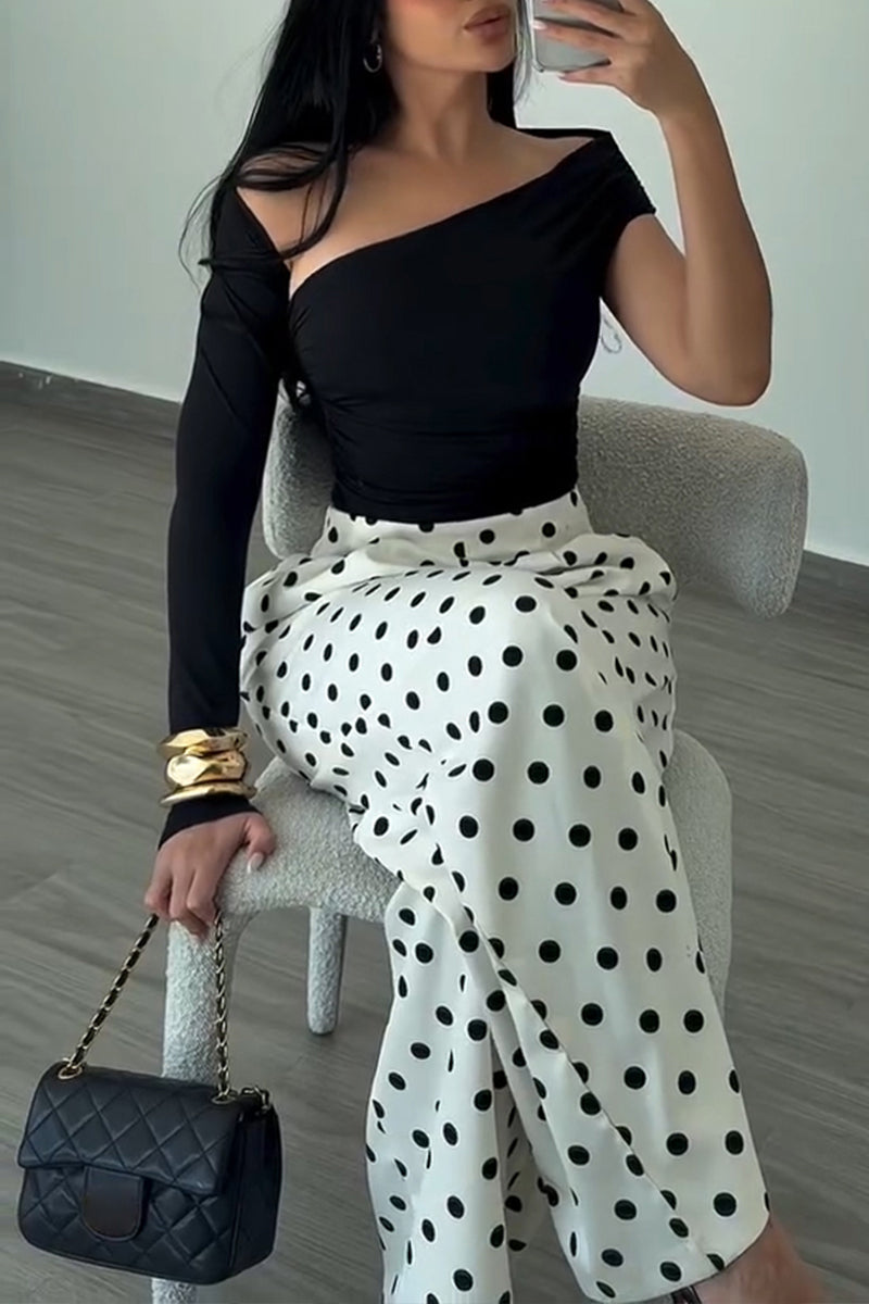 Women's Casual Asymmetric One-Sleeve Top or Polka Dot Wide Leg Pants