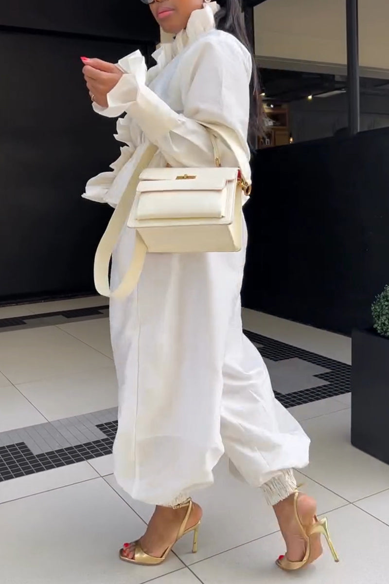Women's Elegant Ruffle Decoration Waist Cinching Shirt Elastic Cuff Pants Two-Piece Set