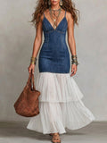 Stylish & Casual Spliced mesh Denim Strappy Dress