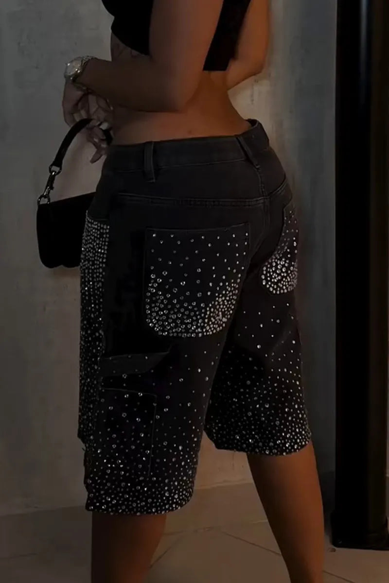 Ladies Rhinestone Embellished Denim Shorts Full Coverage