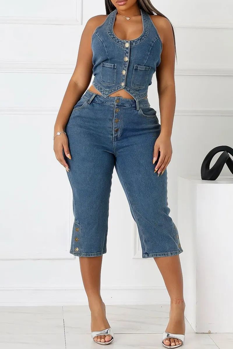 Women's Casual Open Back Button Front Denim Top Or Denim Button Fly Shorts