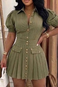 Women's Striped Puff Sleeve Cropped Commuter Dress