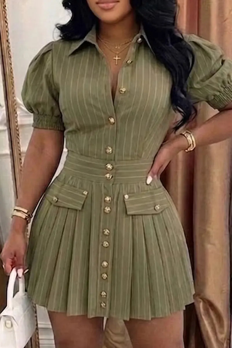 Women's Striped Puff Sleeve Cropped Commuter Dress