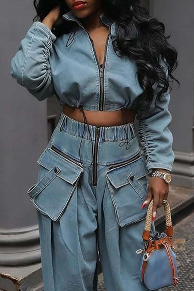 Women's Collar Short Zipper Jacket or Patchwork Pocket Casual Jeans