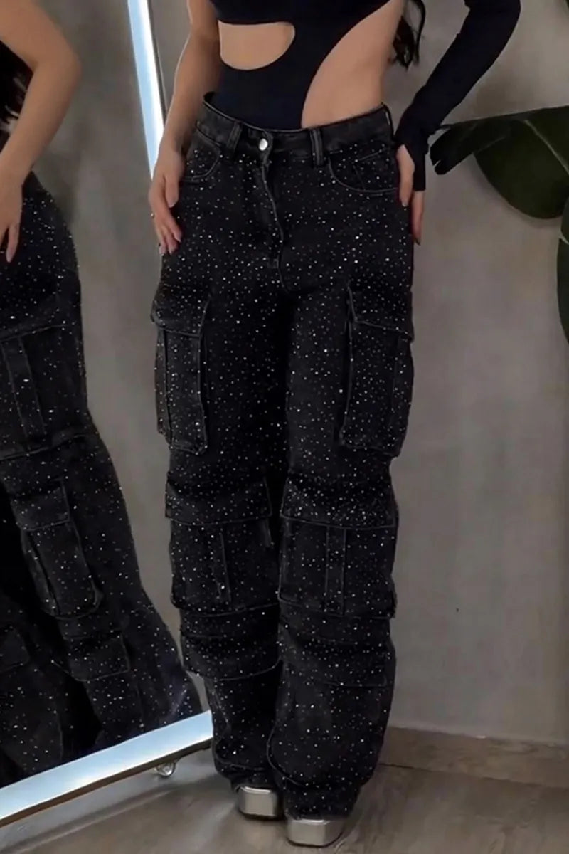 Women's Fashion Shiny Rhinestone Cargo Jeans