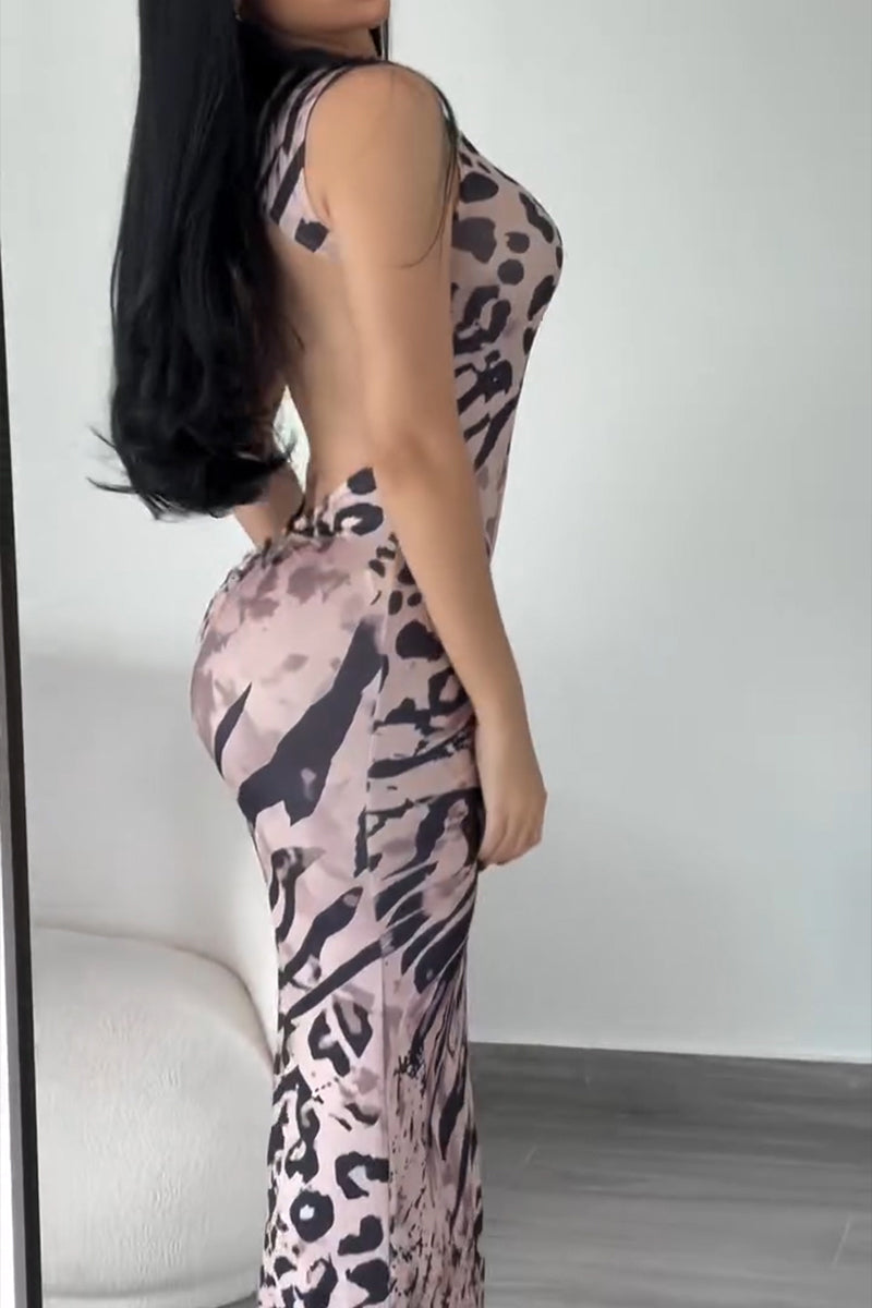 Women's Casual Print Patchwork Pleated Slim Maxi Dress