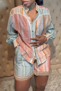 Women's Round Neck Colorful Vertical Stripe Top+ Pants Casual Suit