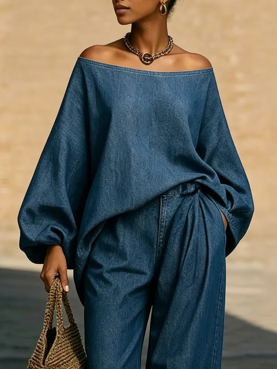 Stylish & Cozy Off-shoulder Denim Two-piece Set