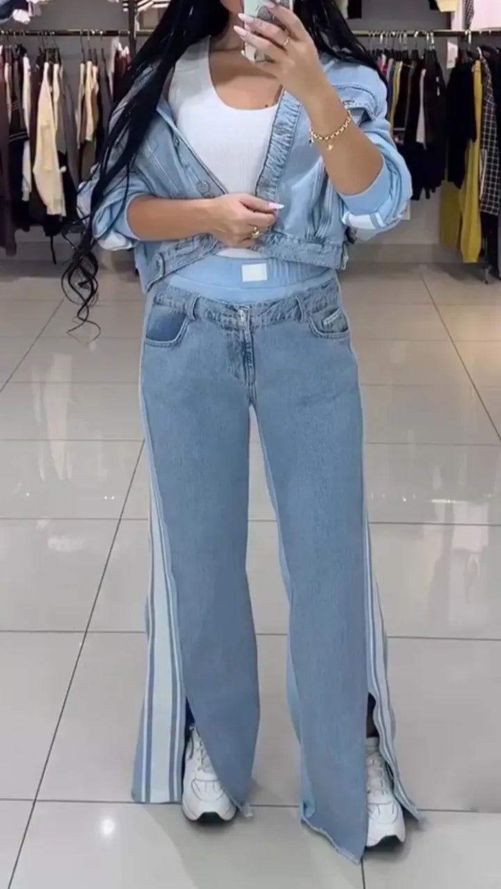 Women Collar Jacket+ Pants Casual Denim Suit