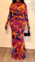 Women Round Neck Printed Jumpsuit + Skirt Vacation Casual Style Set