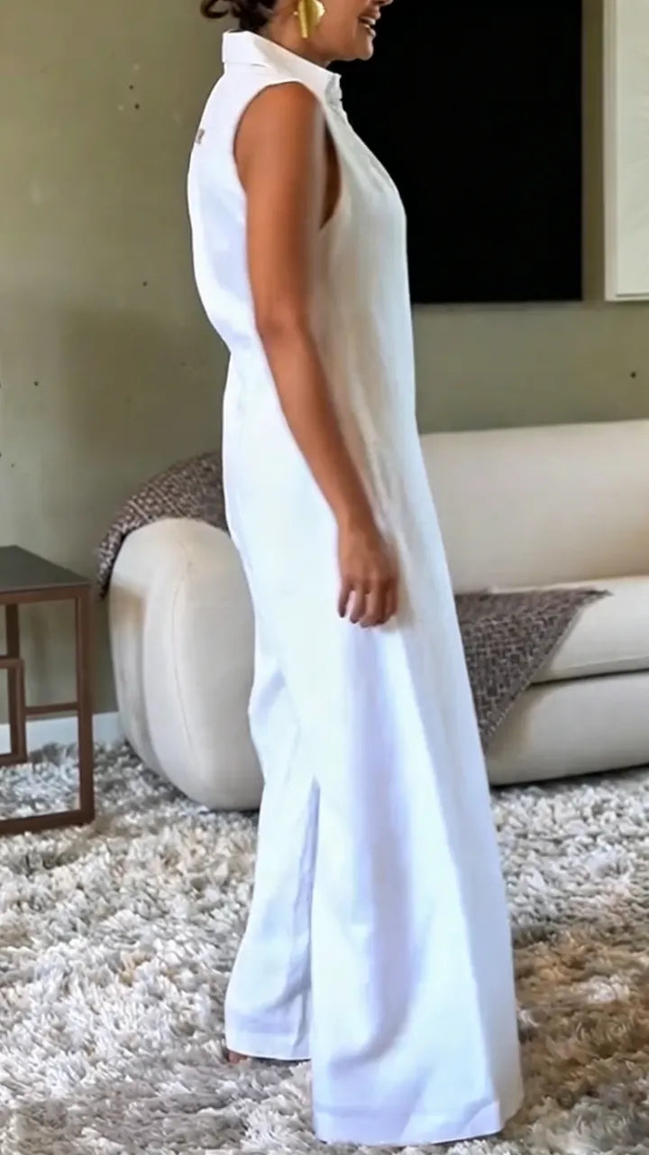 Women Collar Sleeveless Zipper Casual Temperament Wide Leg Jumpsuit